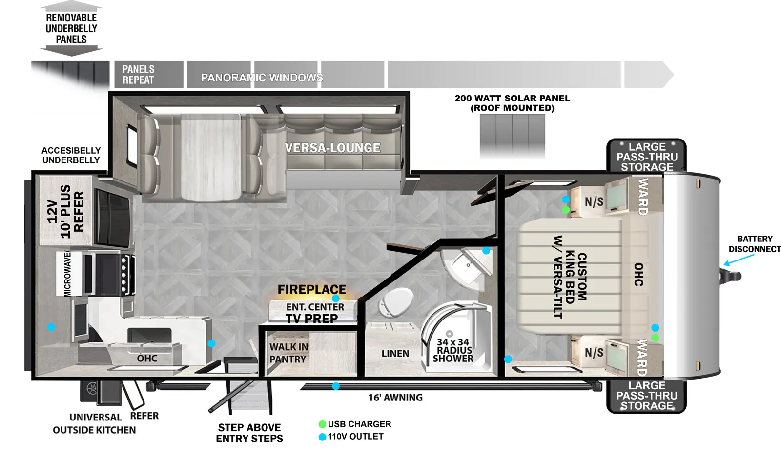 The T25RKE has one slideout and one entry. Exterior features battery disconnect, pass-thru storage, 16 foot awning, StepAbove entry steps, outside kitchen with refrigerator, removable underbelly panels, and roof-mounted 200 watt solar panel. Interior layout front to back: foot-facing queen bed with overhead cabinet and wardrobe with nightstands on each side; door side full bathroom with linen closet; off-door side slideout with versa lounge and panoramic windows; door side entertainment center with TV prep and fireplace with  walk-in pantry and shelves behind, and entry; kitchen counter with sink and overhead cabinet wraps from door side to rear with cooktop, microwave/air fryer, and refrigerator.